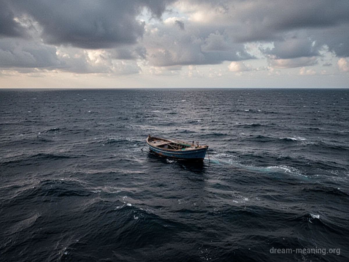A small boat alone on a large, empty ocean.