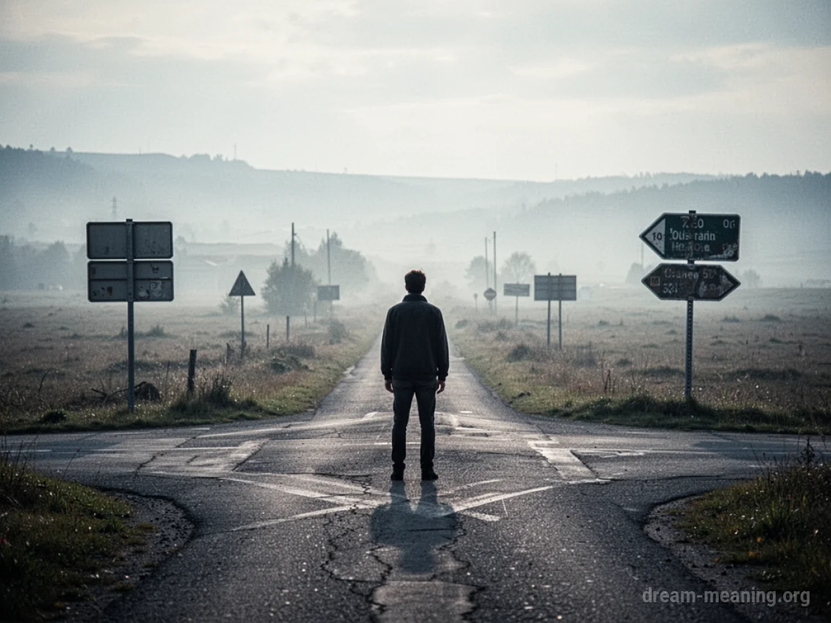 A person stands at a fork in the road with signs pointing in multiple directions.