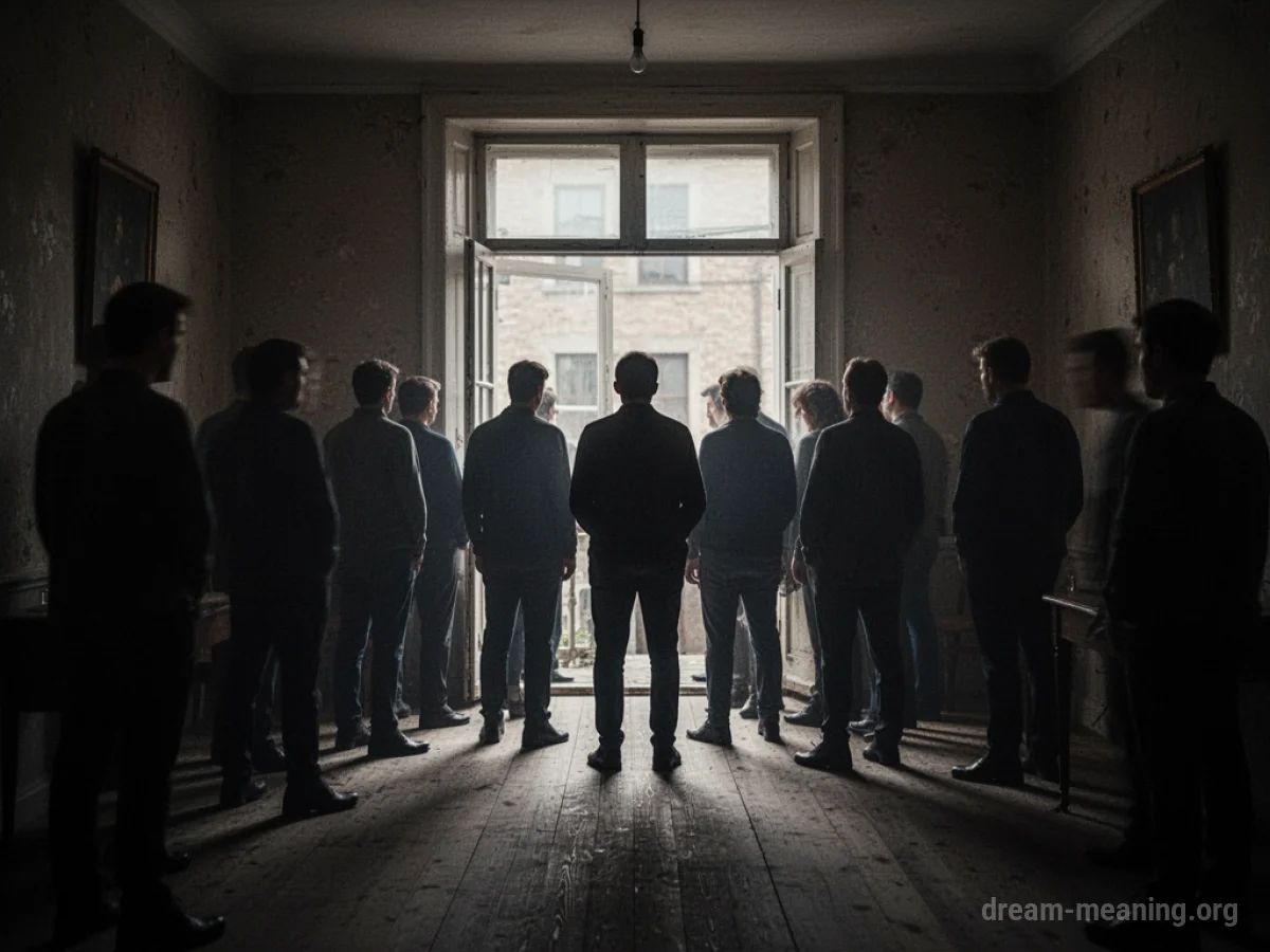 Silhouettes of numerous people standing in a doorway.