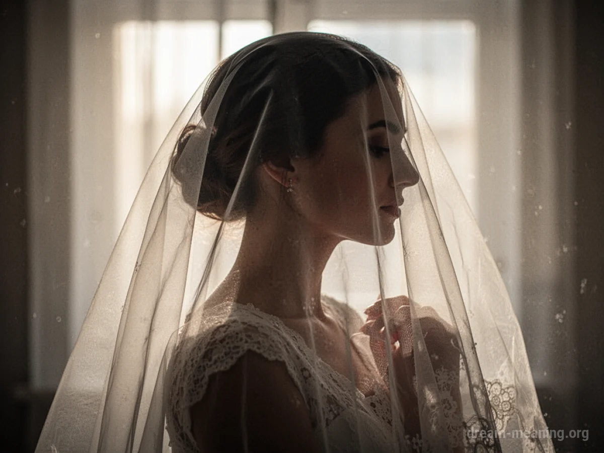Silhouette of a woman's face partially obscured by a sheer veil.