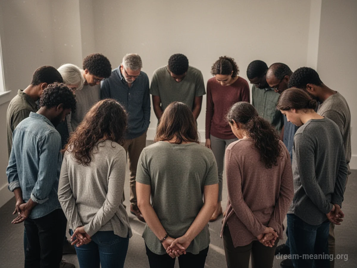 Silhouettes of several people standing in a circle with heads down.