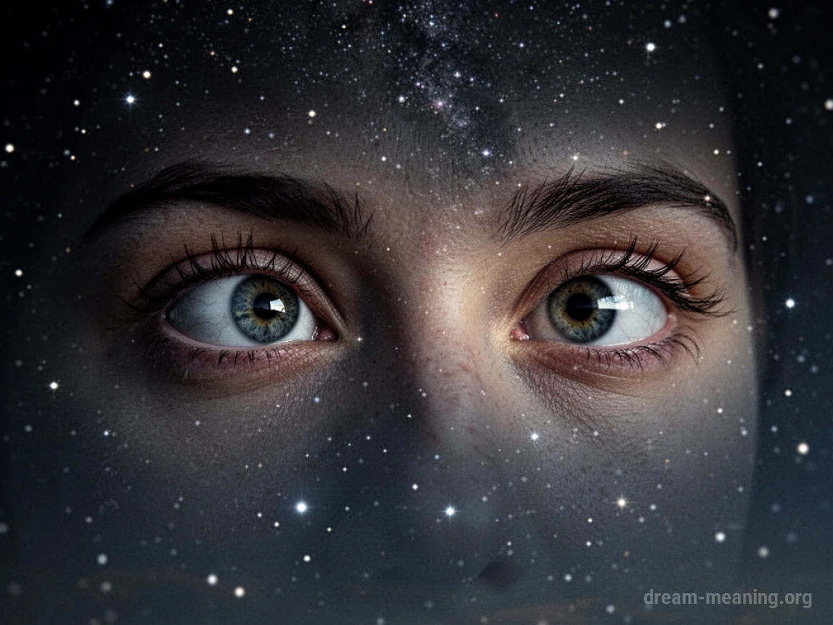 Eyes opening in a dark, star-filled sky.