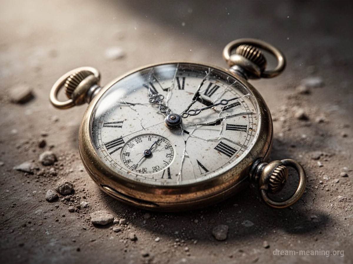 A broken antique watch with cracked glass and bent hands.