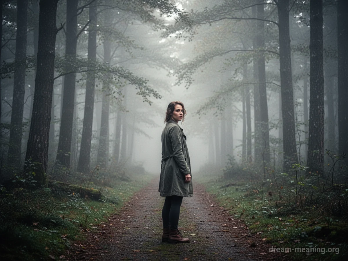A woman stands at the edge of a forest, looking back.