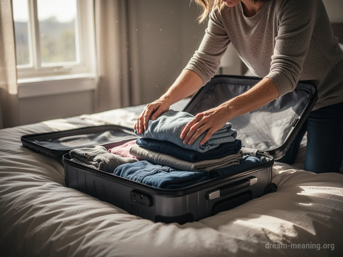 A suitcase being packed with folded clothes.