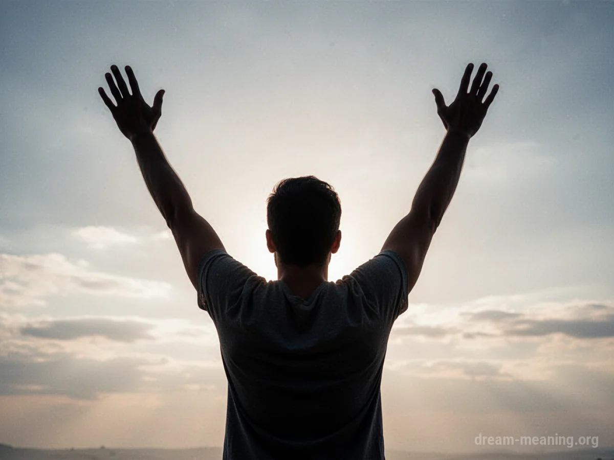 A silhouette of a figure with arms raised upwards in a celebratory gesture.