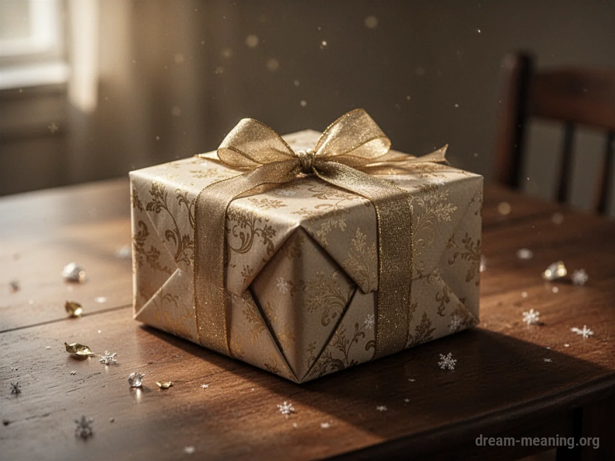 A closed gift box with a ribbon.