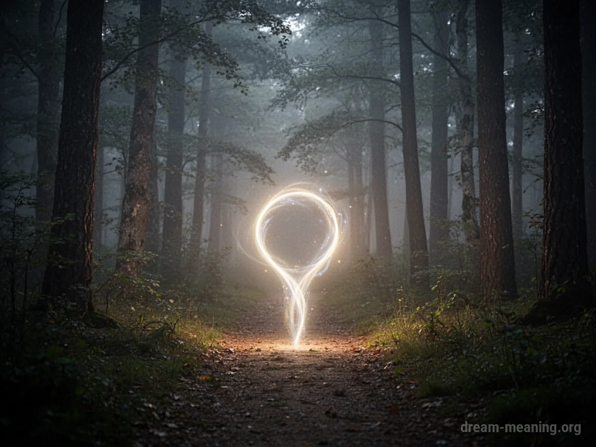 A bright light shines through mist in a forest.