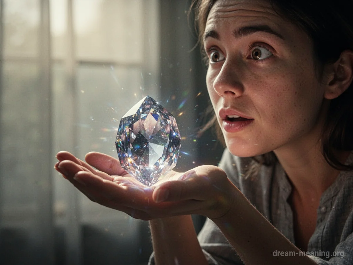 A person's hand holding a luminous, clear gemstone.