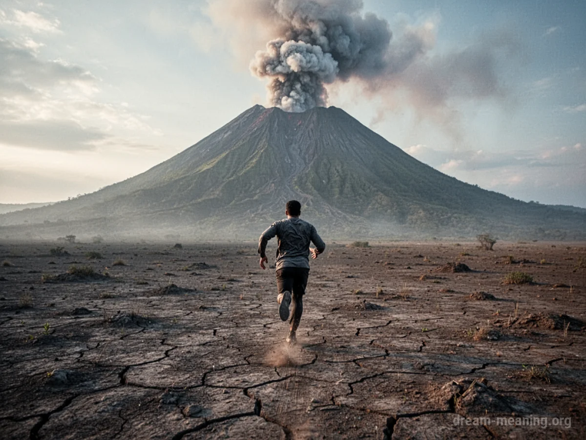 A silhouette of a person running away from a distant, erupting volcano.
