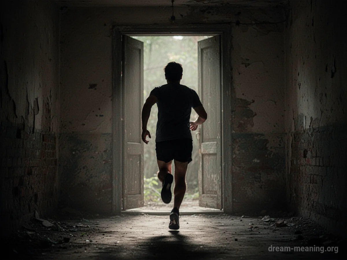 Silhouette of a person running away from a doorway.