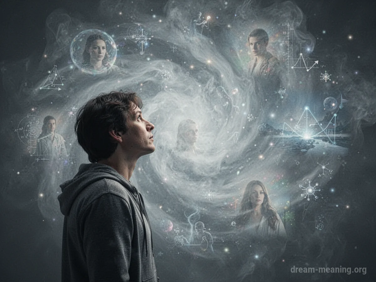 A silhouette of a person gazing into a misty vortex containing hazy images.