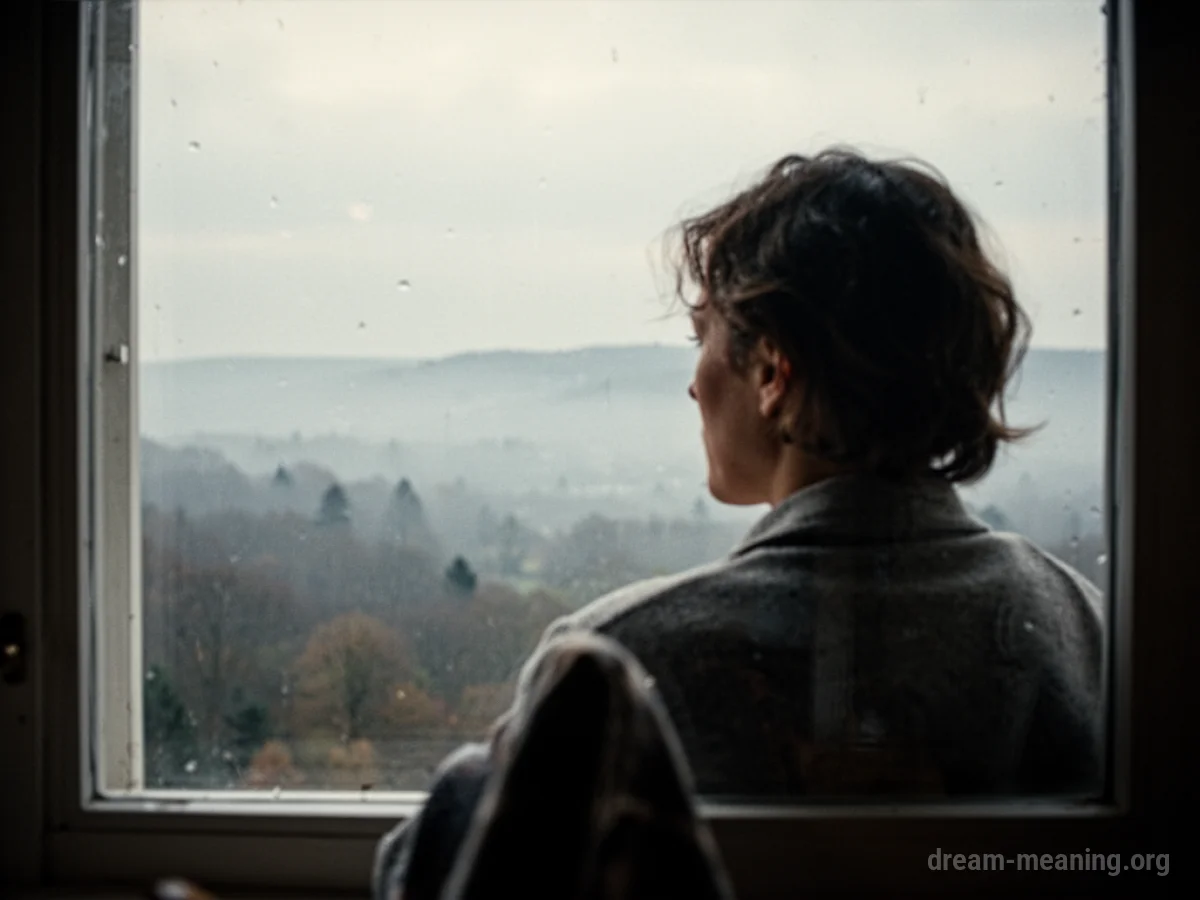 A person's silhouette looking out a window at a faint, distant landscape.