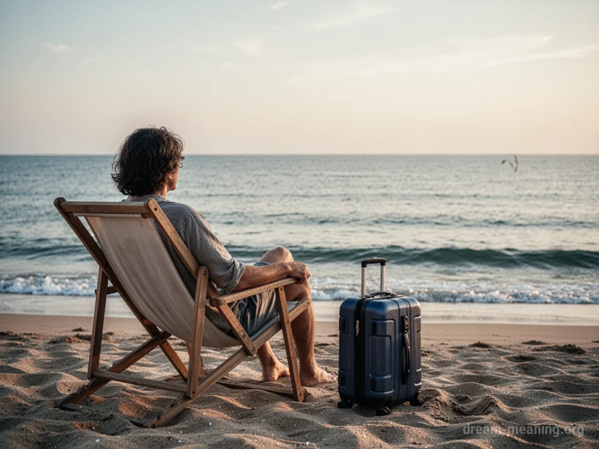 A beach chair sits empty on a sandy shore overlooking a peaceful sea.