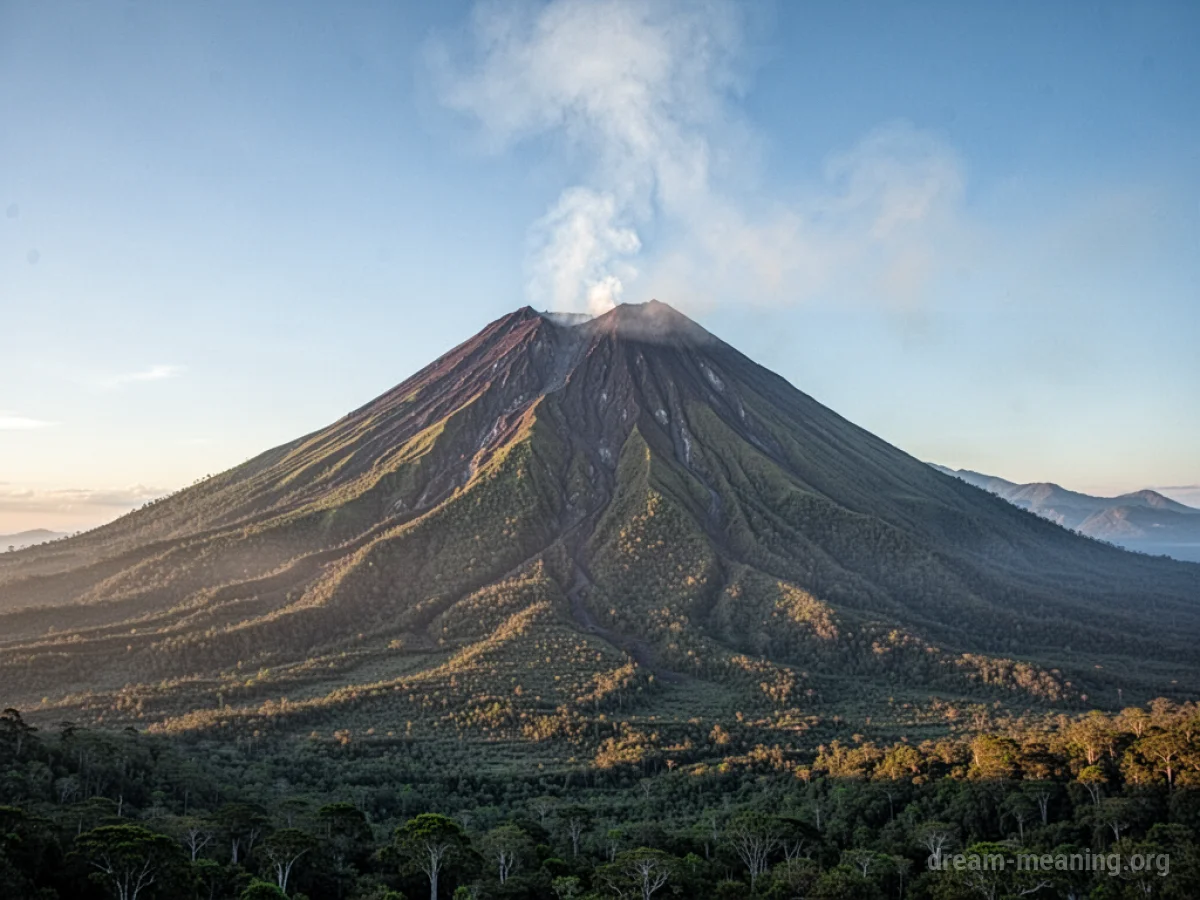 A volcano with a faint plume of smoke emanating from its crater against a serene sky.