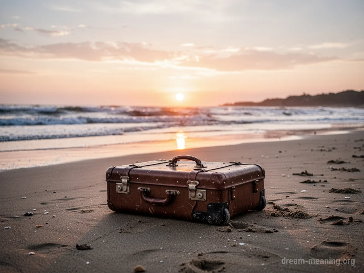A single suitcase rests on a sandy beach as the sun descends.