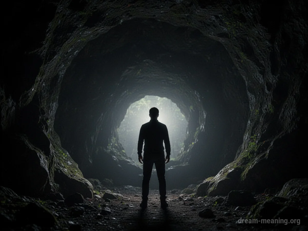 Silhouette of a person facing a large dark opening.
