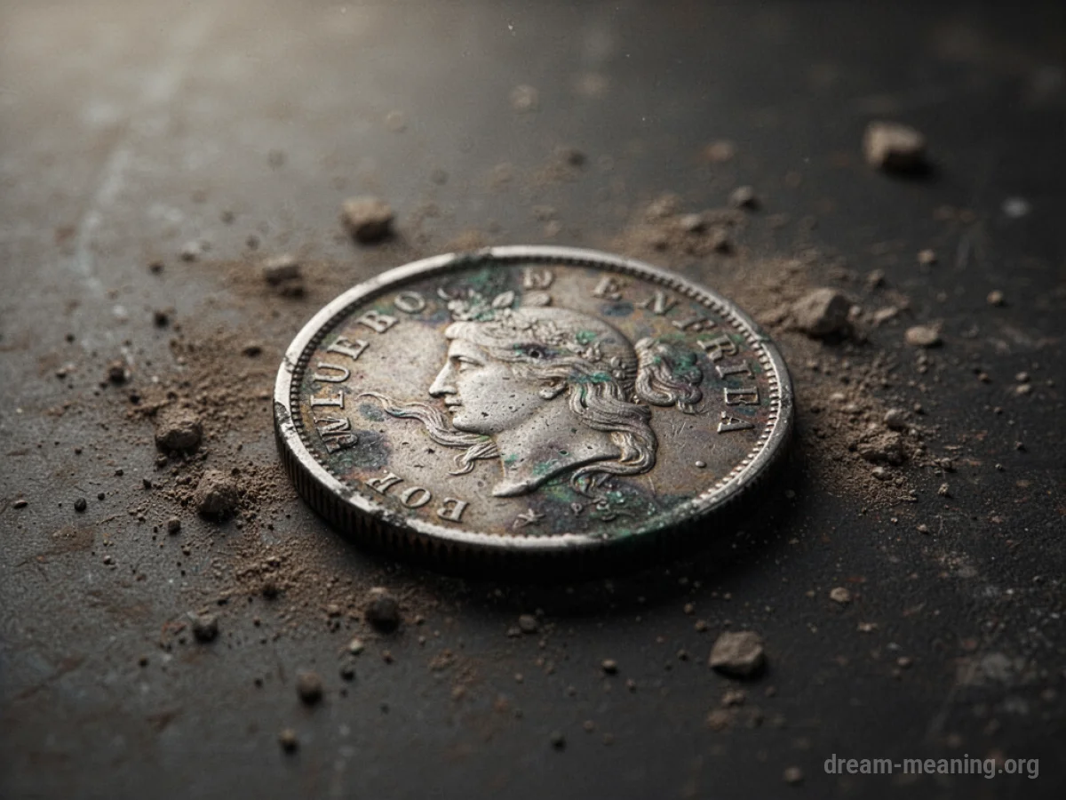 A tarnished coin on a dark surface.