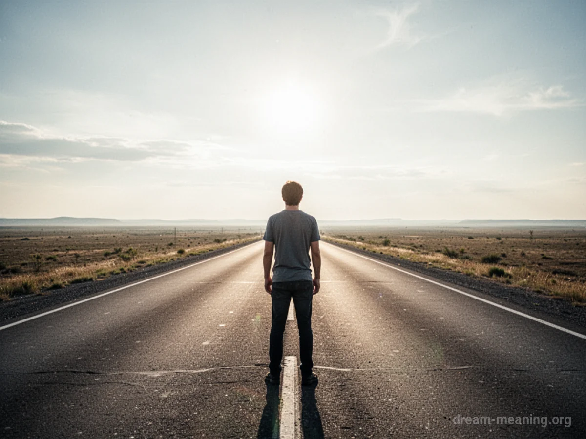 A figure stands at the beginning of a road leading to a distant horizon.