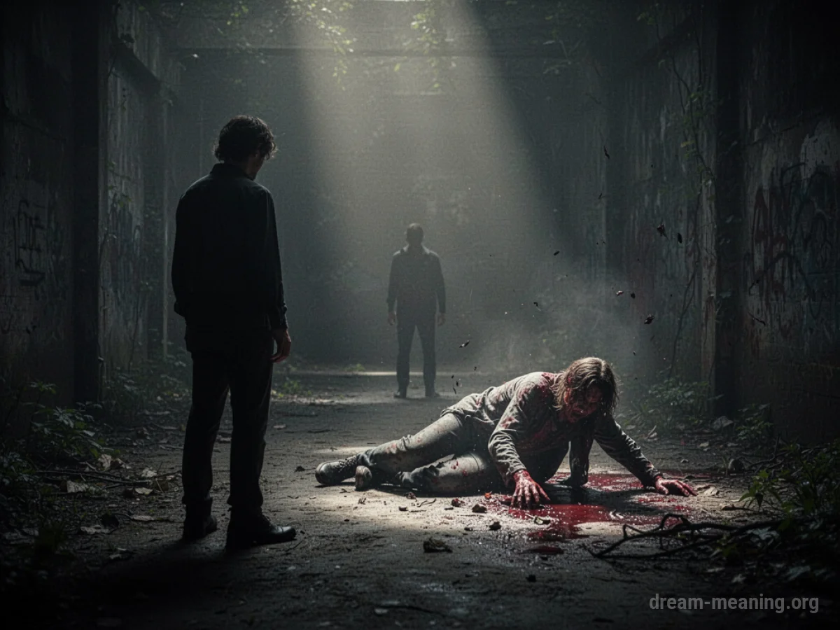 A silhouette watches another figure in distress from a distance.