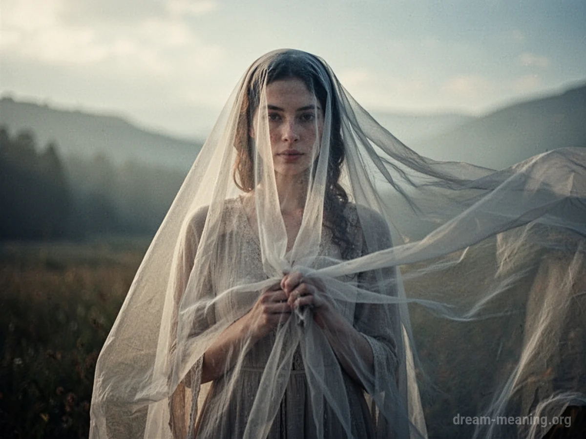 A person's face is hidden behind a sheer veil.