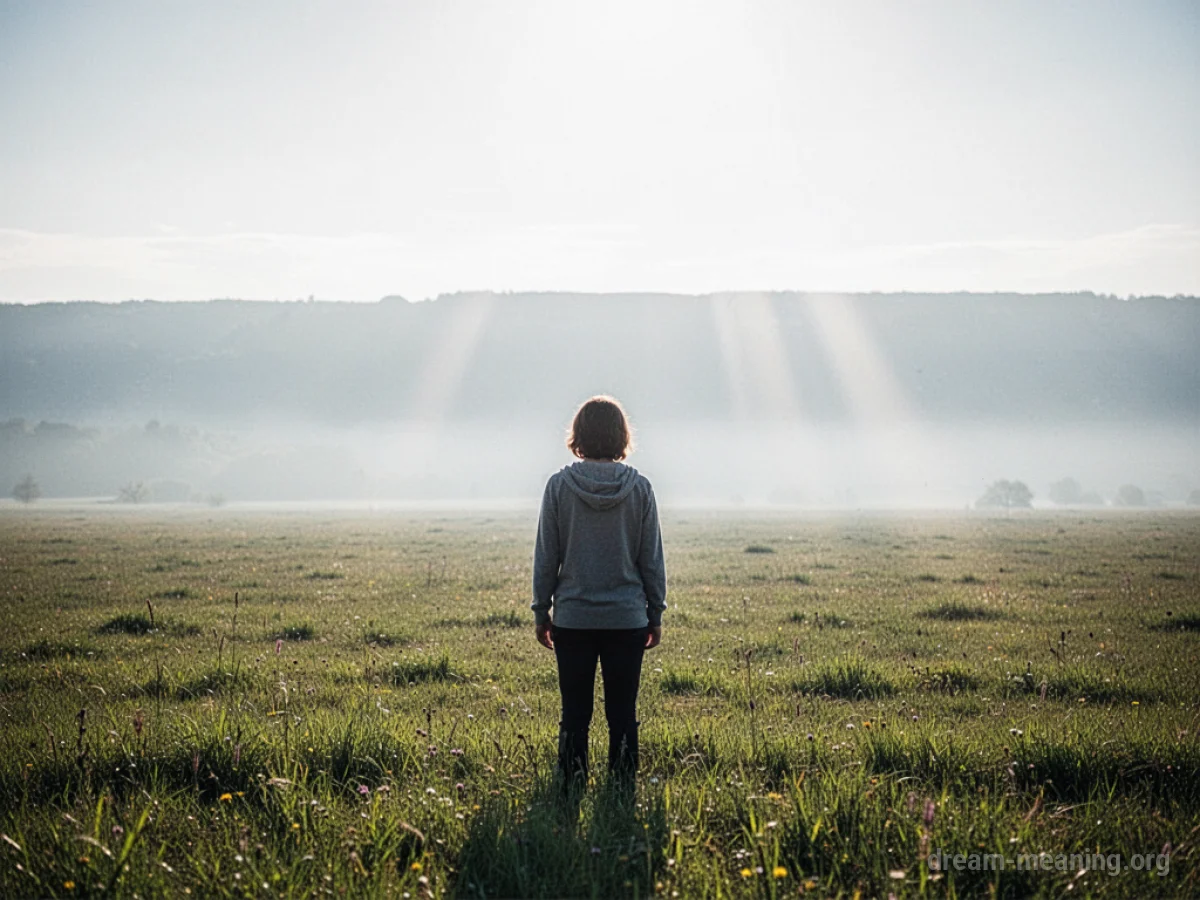 Silhouette of a person standing in a vast, open field with a hazy horizon.