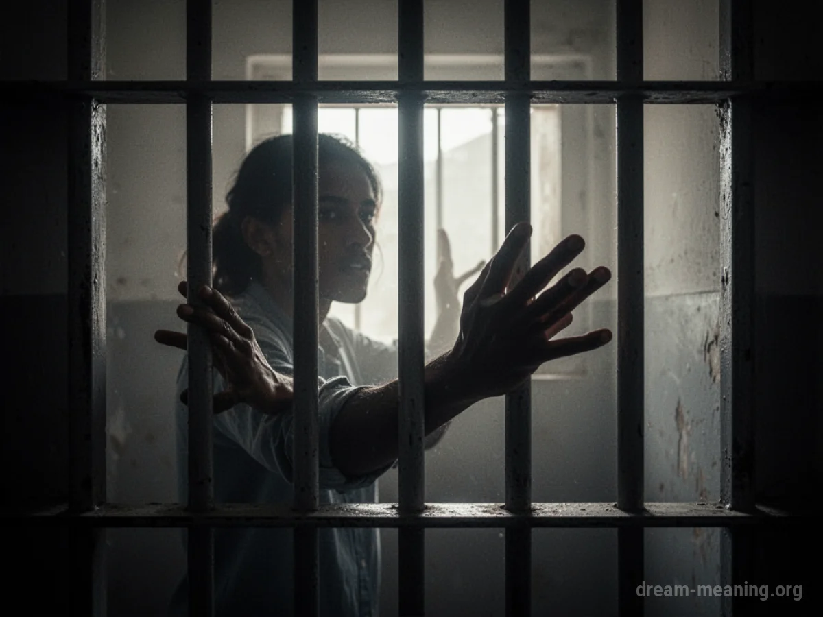 Silhouette of a person behind bars reaching towards light.