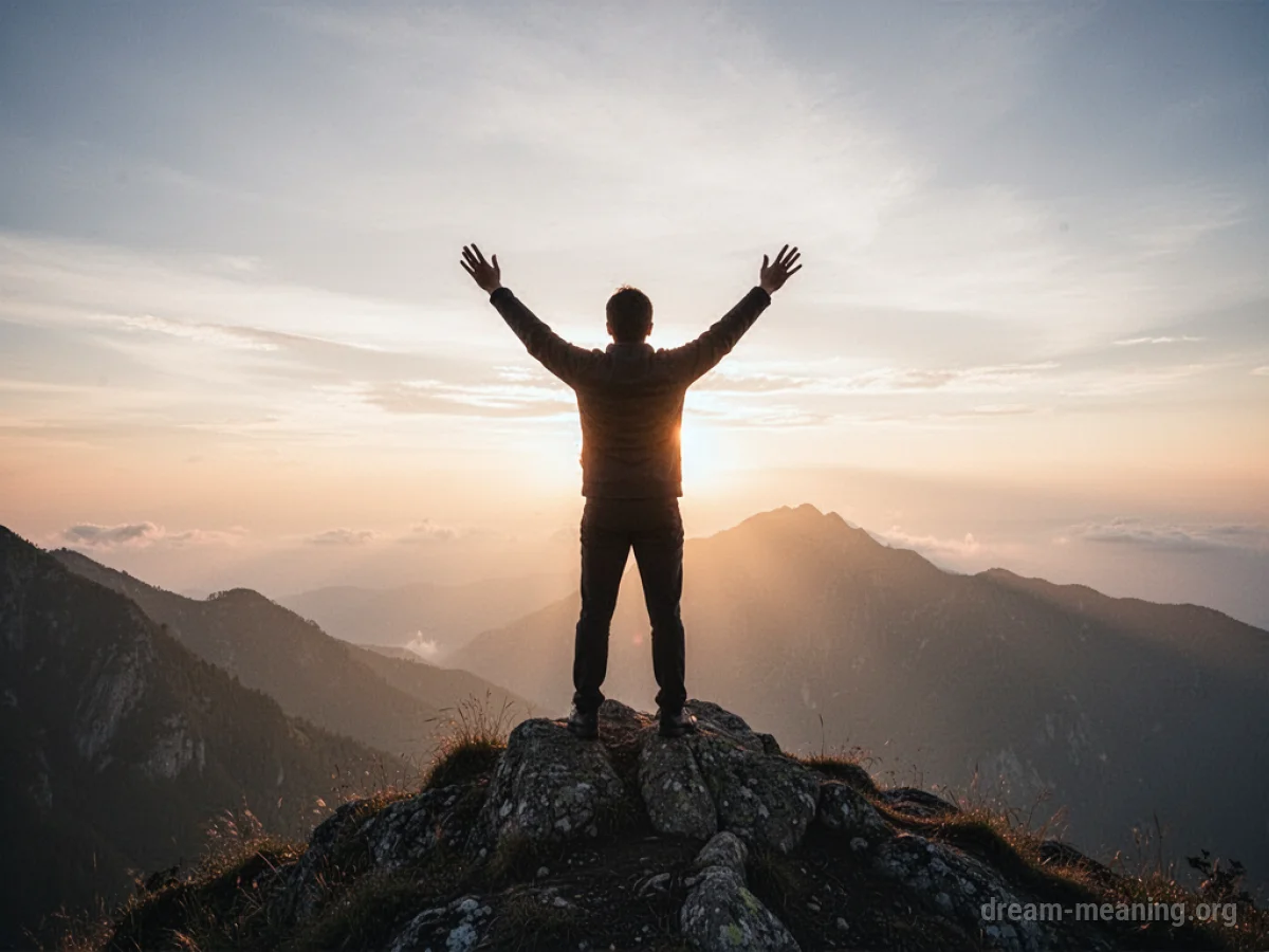 Silhouette of a person with raised arms on a mountain peak at sunrise.