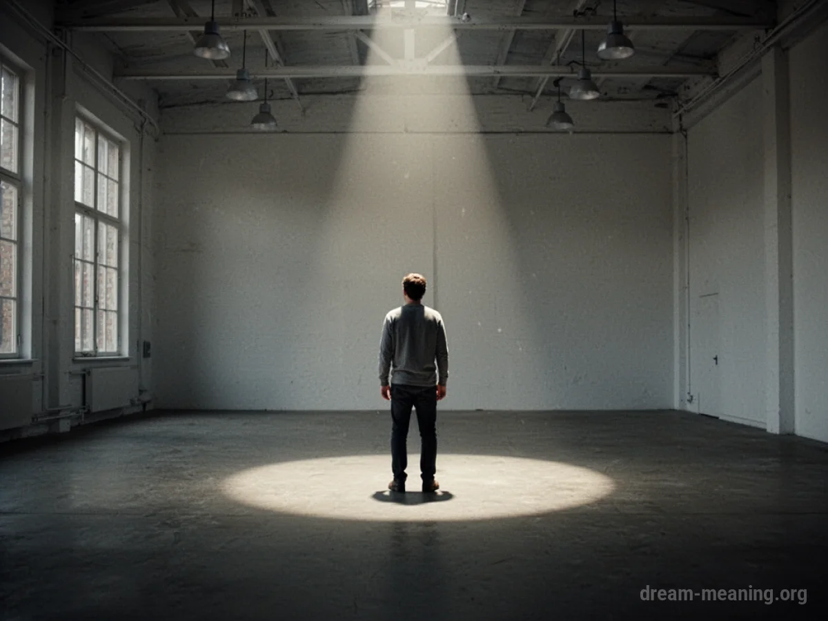 A lone person standing in a spotlight in an empty, dark room.