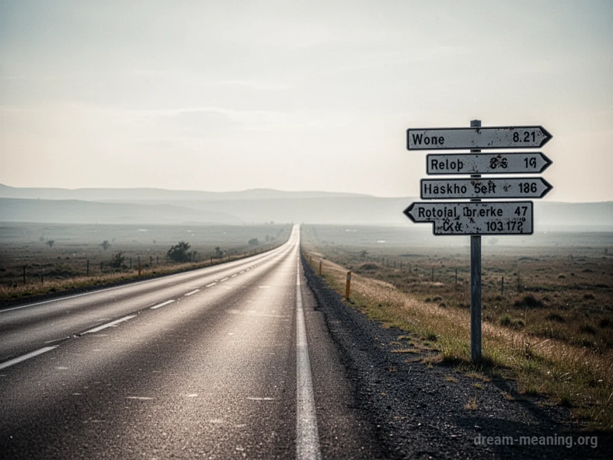 An empty road disappearing into fog with a directional signpost.
