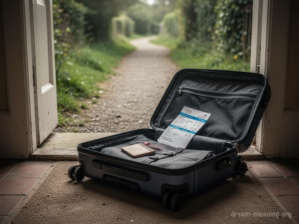 An open suitcase on a doorstep with a plane ticket inside.