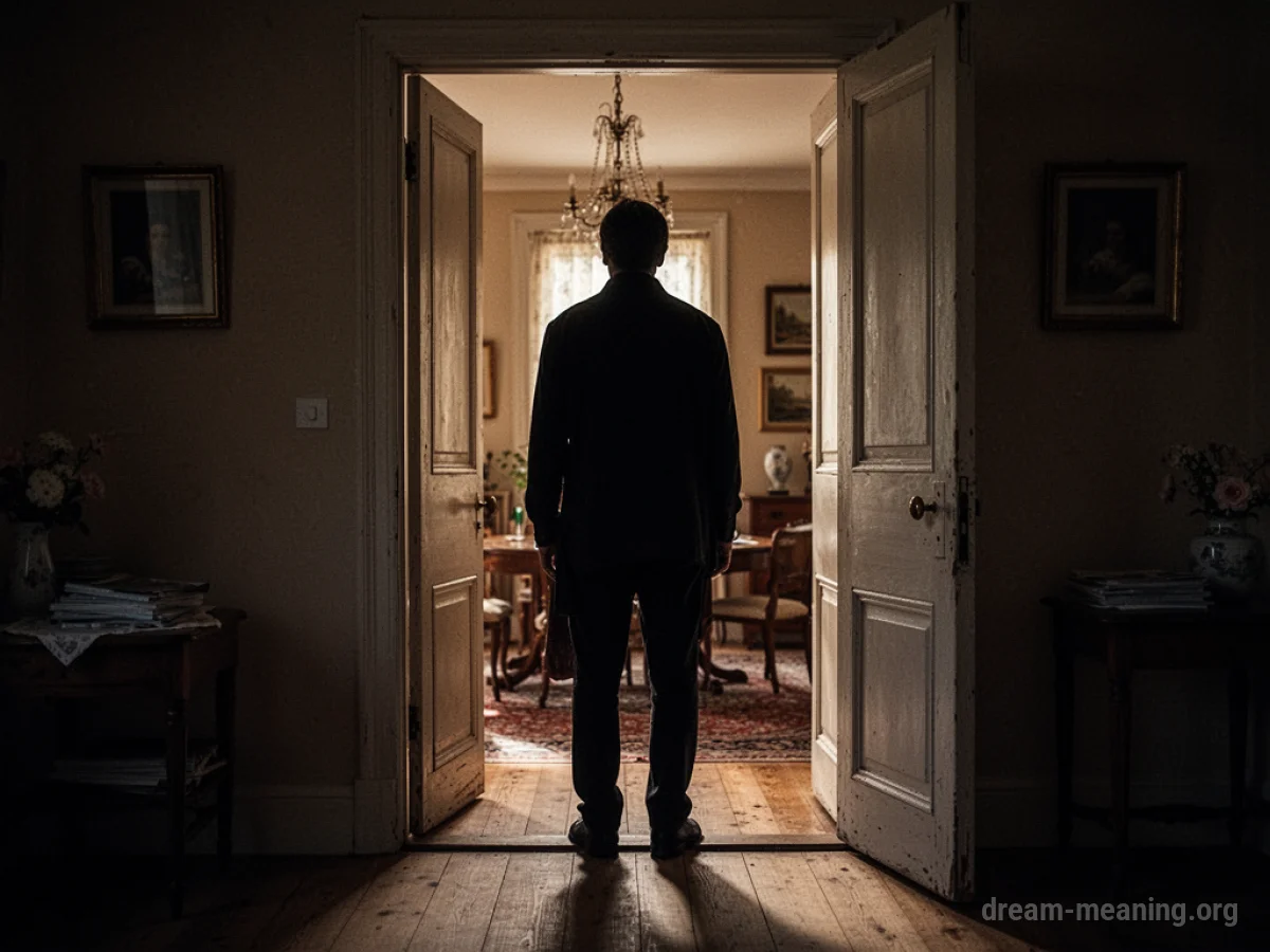 A dark silhouette of a person stands in an open doorway, partially obscuring the view of a lit room inside.