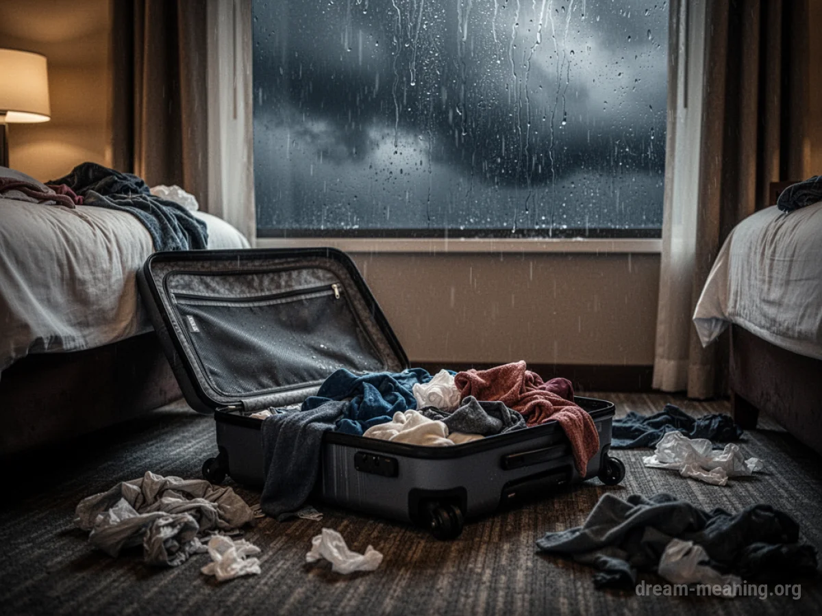 An open suitcase on a messy floor with rain visible through a window.