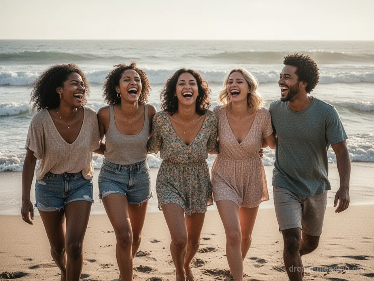 A diverse group of friends walk together on a sunny beach.