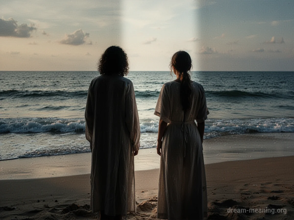 Two people on a beach, one figure is in shadow.