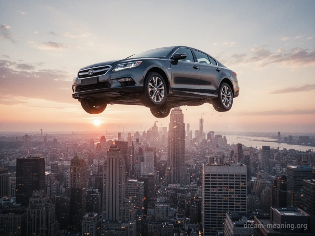 A car ascending into the sky above city buildings.