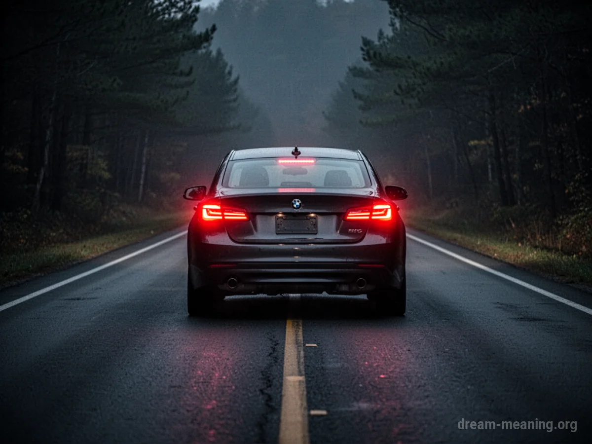 A car's rear lights receding down a dark road.