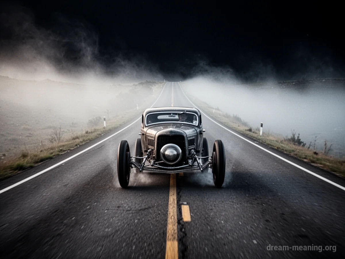 A car with no wheels rolling downhill on a foggy road.