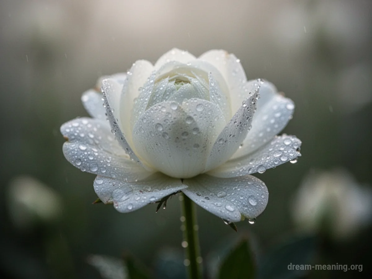 A closed white flower bud with morning dew.