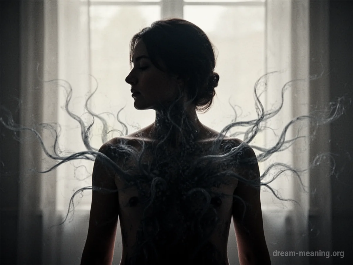 Silhouette of a person with dark, wispy shapes entering their form.