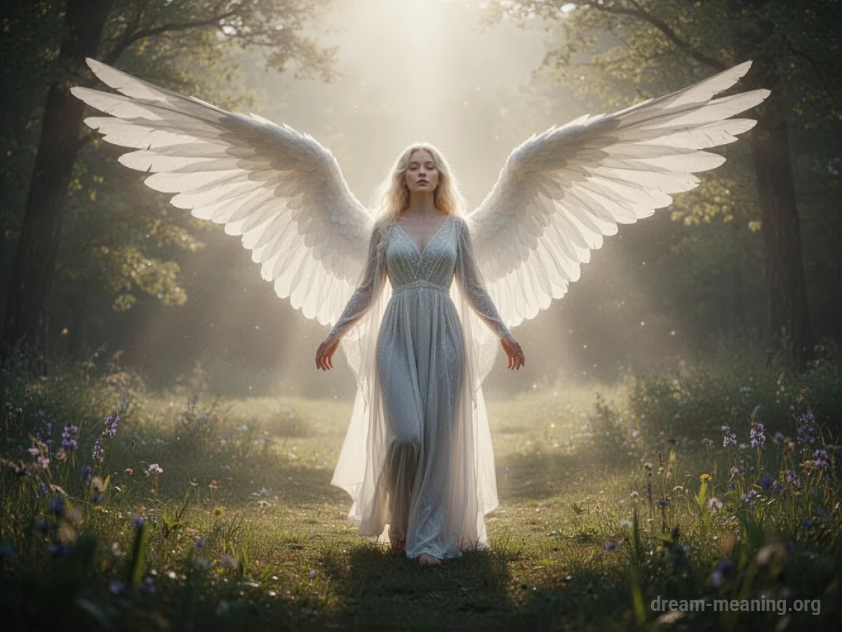 An angelic figure with glowing wings appearing in a peaceful landscape.