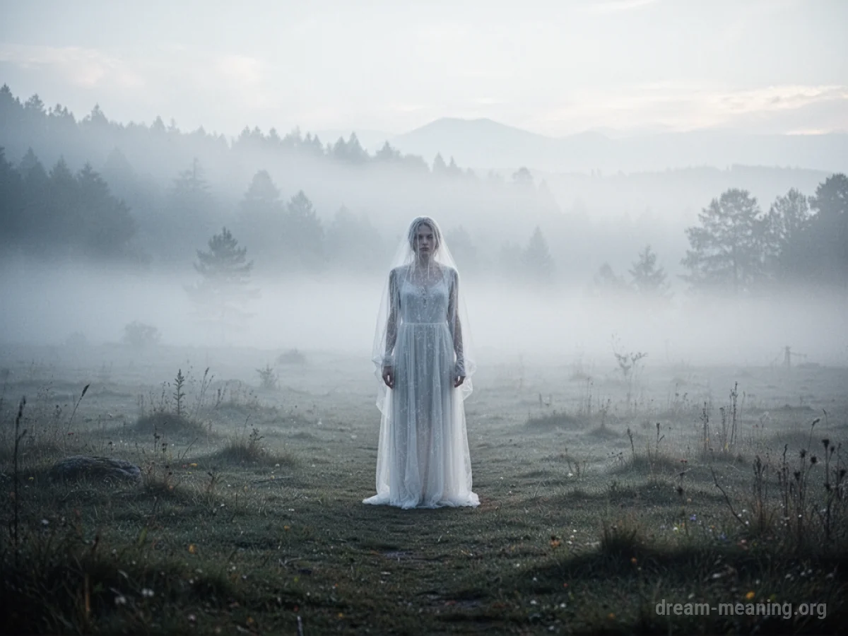 A faint, ghost-like figure seen across a misty field.