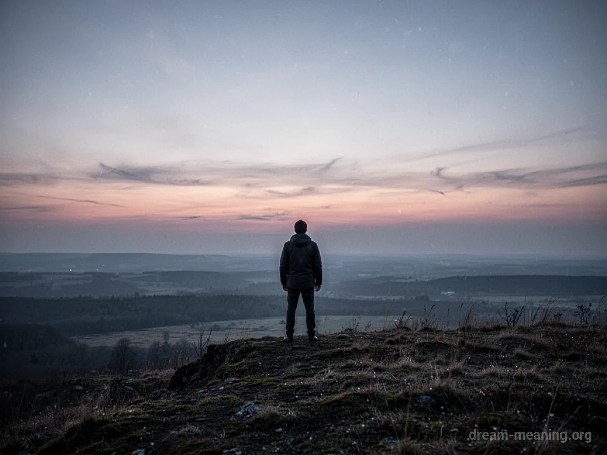 A silhouette of a person looking out over an expansive, hazy landscape.