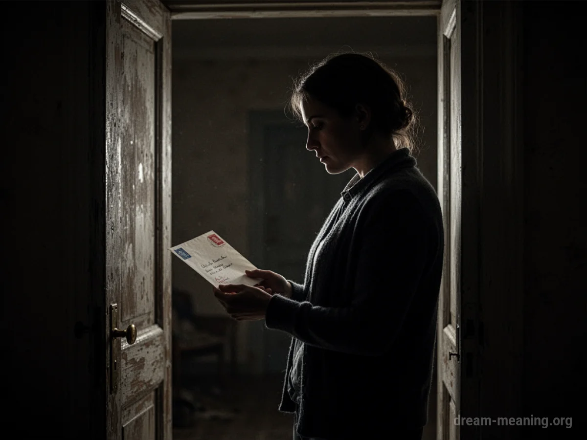 Silhouette of a visitor holding a letter at a doorway.