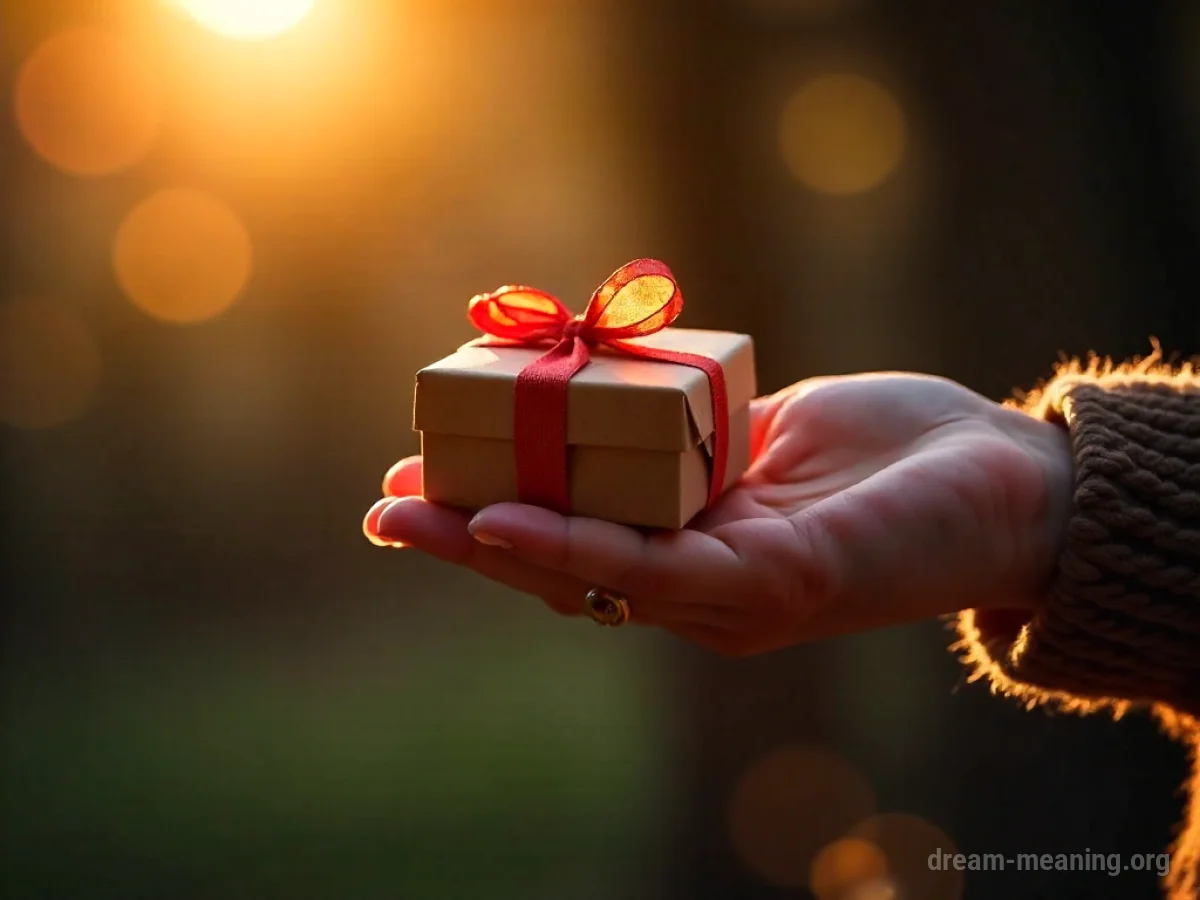 A hand offering a wrapped gift to another hand.
