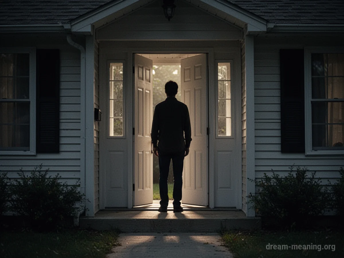 Silhouette of a person standing in an open doorway of a dark house.