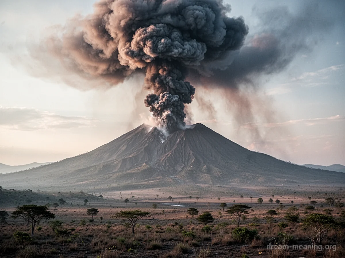 Dark ash falling from a distant volcano onto a desolate landscape.