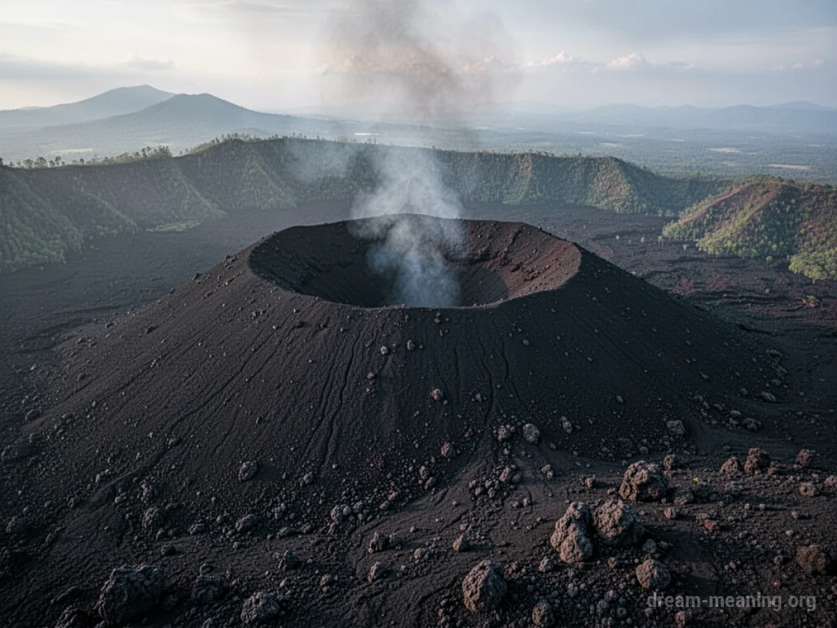 A volcano coated in dark grey ash.