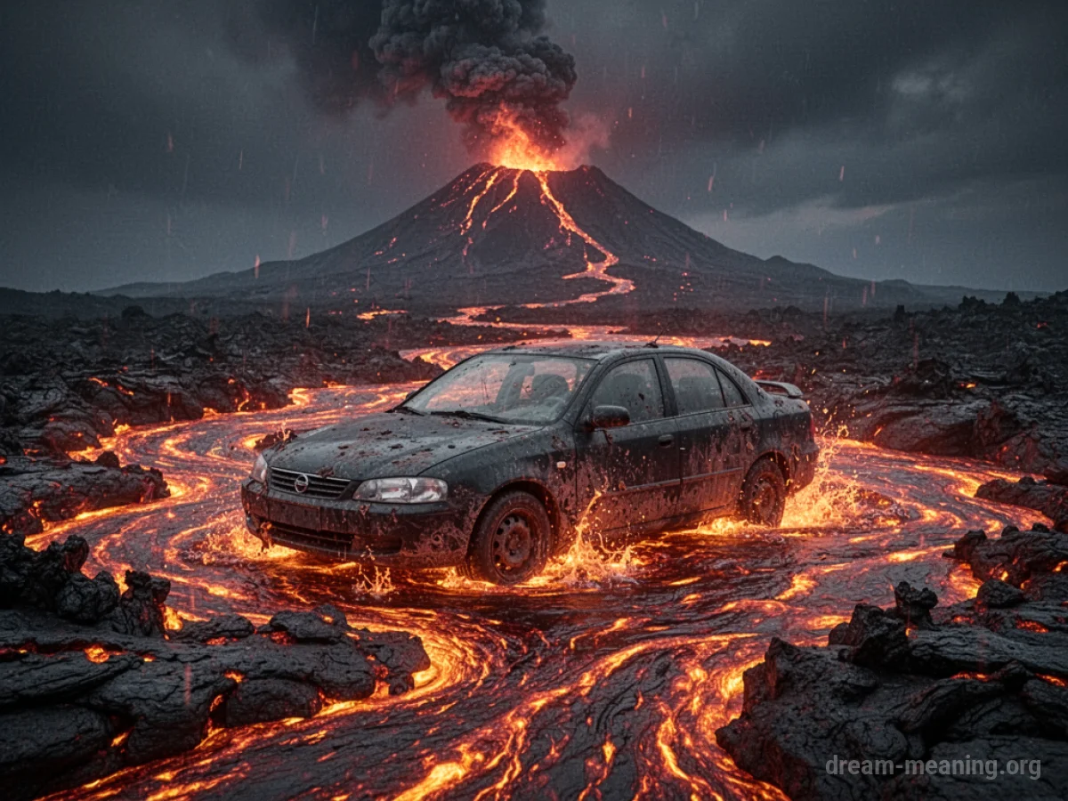 A car on a road with lava flowing from a volcano in the background.