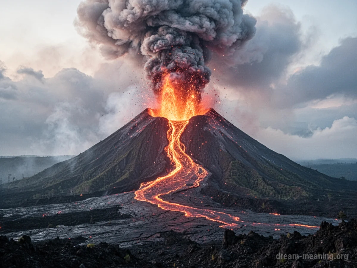 A volcano erupting with lava flowing down its side, smoke billowing into the sky.